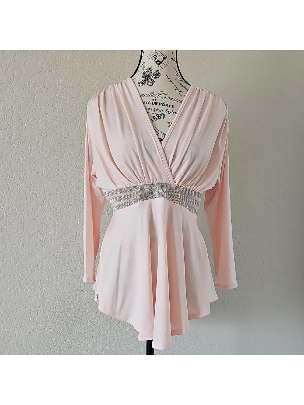 Venus Long Sleeve Light Pink Babydoll Top with Rhinestone Waist Detail, Size L